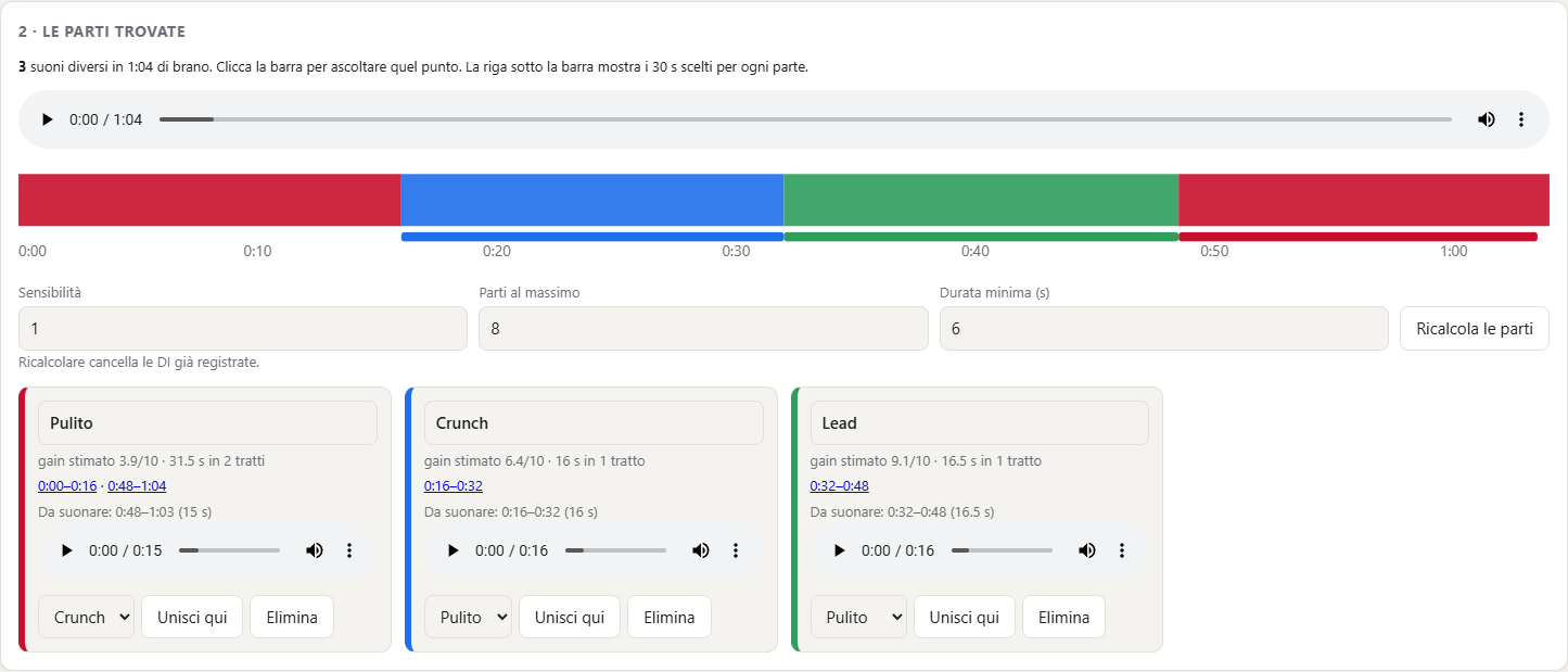 Timeline of a song split into three coloured sections (clean, crunch, lead), with the player and the section cards