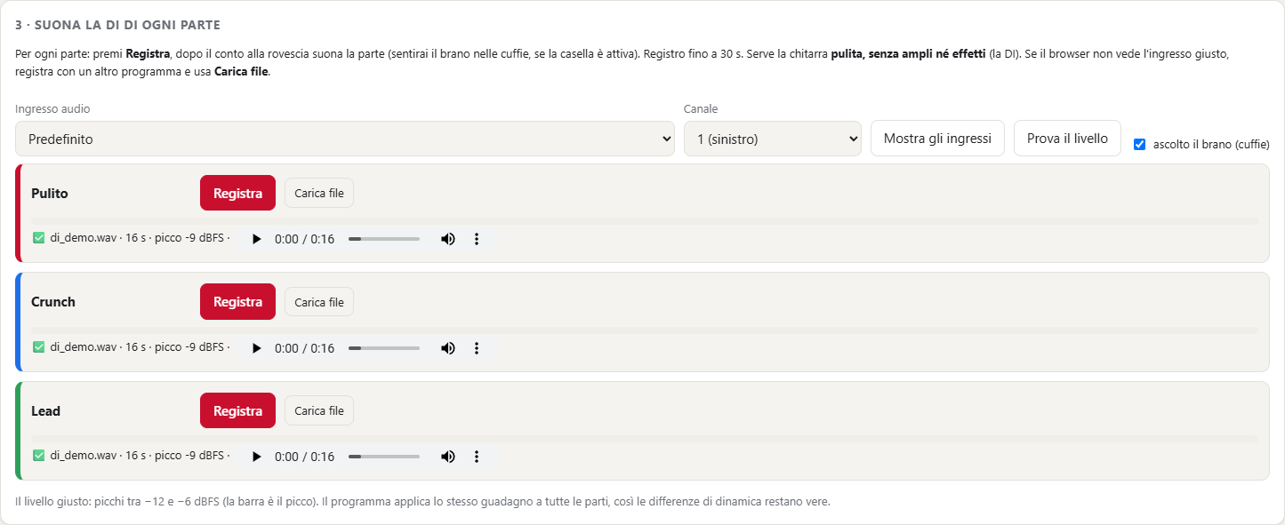 Recording the DI of each section directly in the browser, with a level check